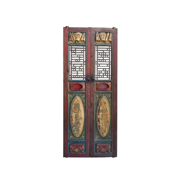 Pair Vintage Chinese Scenery Golden Carving Graphic Wood Tall Door Panels cs7652E 