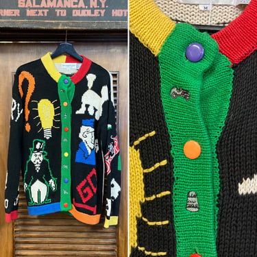 ニット 古着 90s The Eagle's Eye モノポリー 総柄 レア L Vintage 1990's “Eagle's Eye” Monopoly Game Cardigan | Vintage on