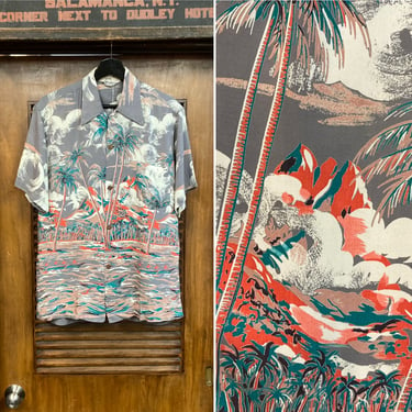 Vintage 1940’s Duke Style Border Print Tiki Cartoon Rayon Hawaiian Shirt, 40’s Loop Collar, Vintage Clothing 