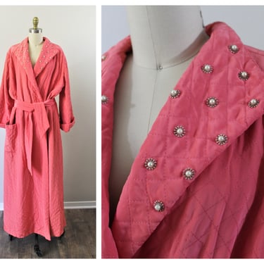 Vintage 40s 1940's Coral QUILTED Draped PEARL ACCENT Bell Slv Dressing Gown Robe Lounging Jacket Coat // modern med Lg 6 8 10 