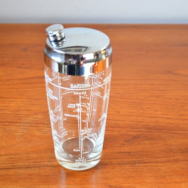 Vintage  Clear Glass Cocktail Shaker with Classic Drink Recipe Graphics in White, Retro Barware 