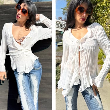 Y2K white Sheer Angelic Ruffle Blouse sash belt wrap so Paris Hilton S M 