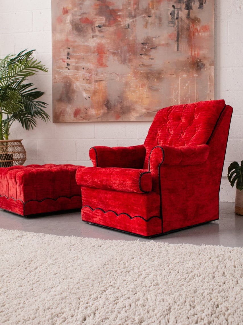 Red Velvet Chair & Ottoman Highland Park Los Angeles, CA