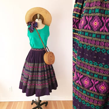 SIZE M 1950s Embroidered Purple Border Print Skirt / 50s Teal, Purple and Gold Embroidered Skirt / Midi Ethnic Bohemian Guatemalan 