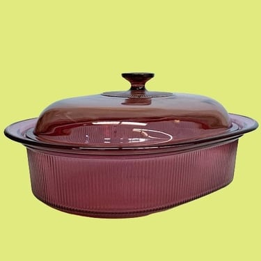 Vintage Vision Dutch Oven 1970s Retro Size 4 Quart + Corning + Cranberry Glass + Roster + Covered Casserole + Cookware + Oval + 2 Piece Set 