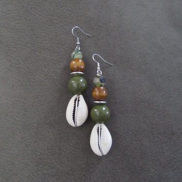 Cowrie shell earrings, bold wooden earrings, African Afrocentric earrings, seashell earrings, exotic ethnic earrings, earth tones khaki 