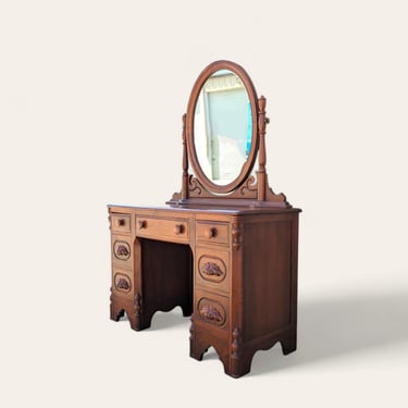 Vintage Vanity + Mirror, Chippendale, Traditional, Early American, Wood, Bedroom, Living Room 