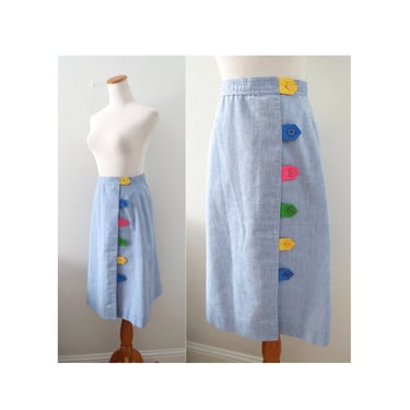 Vintage Rainbow Skirt - 80s High Waisted Midi Skirt - Side Button with Pockets - Cute Kawaii Spring Summer Outfit - Size Small 
