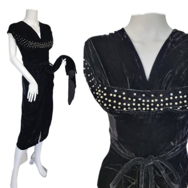 Charella of California 1950's Black Silk Velvet Draped Cocktail Dress I Sz Med I Rhinestone Under Bust Shelf 