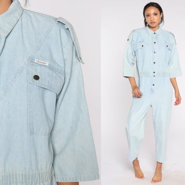 80s Denim Jumpsuit Light Wash Tapered Pantsuit Jean Romper Pants Retro Dreams Long Sleeve High Waisted Button Up Blue Vintage 1980s Medium 