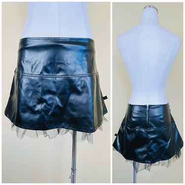 Y2K Tripp Nyc Low Rise Pleather Skirt / Vintage Tulle Trim Goth Black Micro Mini / Size Small 