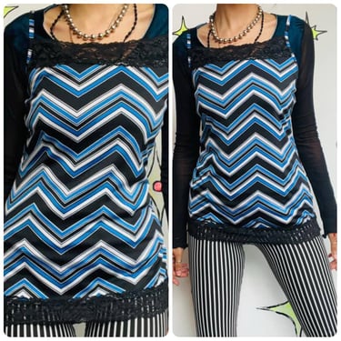 Vintage Y2k Blue Black Lace Trim Fairy Grunge Indie Sleaze Cami Camisole Top | M 