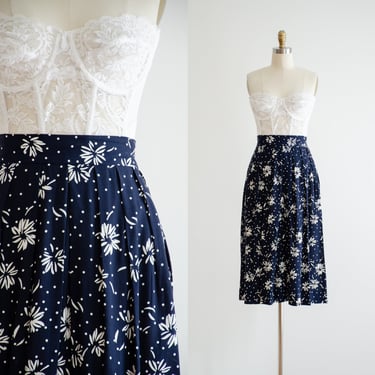 cute cottagecore skirt | 80s 90s vintage navy white daisy polka dot patterned floral midi skirt 