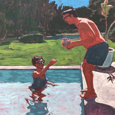 Pool #98 - Large Original Acrylic Painting on Canvas 48 x 36, woman, swimming, outside, summer, michael van, trees, bathing, water, man 