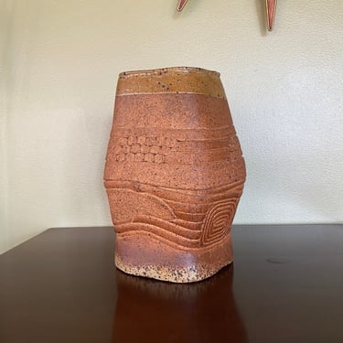 Midcentury Modern handmade artisan studio made large Coil pottery vase or indoor planter 