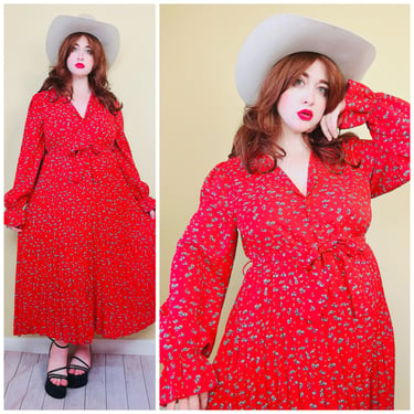 1980s Vintage Red Floral Chiffon Pleated Skirt Dress / 80s Belted Elastic Ruffled Cuff Shirt Dress / Size XL 