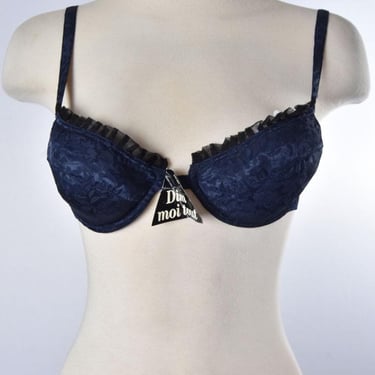 New 36B VINTAGE BRA France DIM Dark Blue Black Floral Push Up Underwire Lingerie 1970's, 1980's Navy Blue Silk 