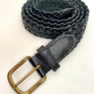Vtg 80’s 90’s black Leather belt~braided slim skinny trousers belt~ woven boho style unisex open size Small up to 31” waist 