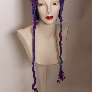 1970s Purple and Blue Handmade Crochet Ear Flap Tassel Winter Stocking Cap Hat 