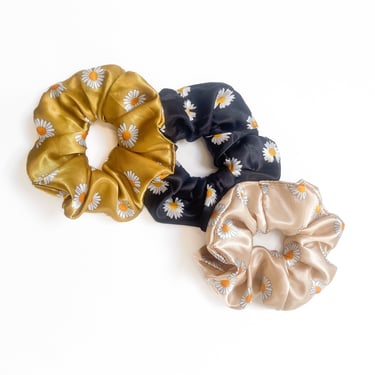 GIANT Satin Scrunchies - Daisy Print / Hair / Gift / Bachelorette / Black / Flower / Blue / Mustard / Gold / Beige / Ivory 