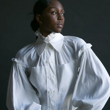 7137t / yves saint laurent white cotton ruffle collar blouse 