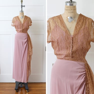 vintage 1940s pink Du Barry gown • rayon & lace full length Old Hollywood formal dress with hip swag 