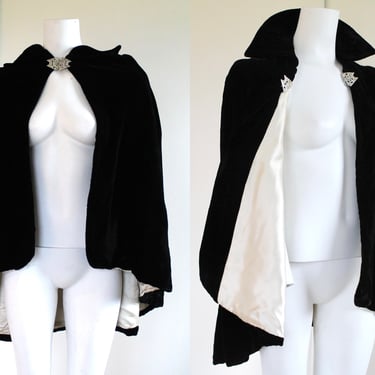 1930s Silk Velvet Cape with Rhinestone Buckle Closure and Embroidered Collar 