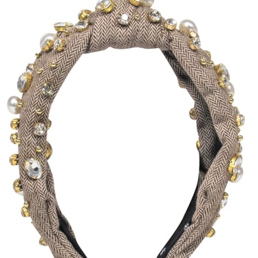 Lele Sadoughi - Brown Tweed Top Knot Headband Embellished w/ Rhinestones & Pearls