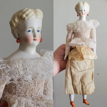 Antique Parian Doll With Ornate Hairstyle and Pierced Ears with Earrings - 13