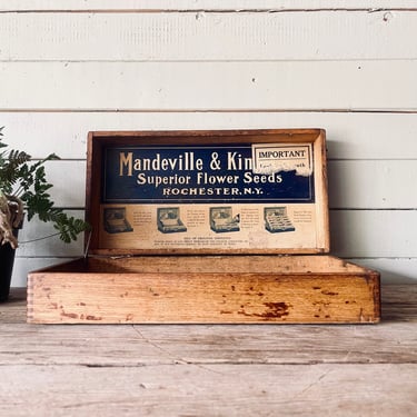 Antique Mandeville + King Flower Seeds Wood Box General Store Display Garden Seed Packets Rustic Graphic Signage Florist Flower Shop 