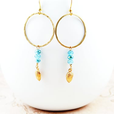 Gold Blue Beachy Earrings Acorn Charms, Boho Hoop Earrings, Beachy Jewelry, Acorn Jewelry 