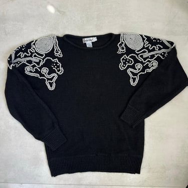 Vintage Black Sweater |  Beaded Shoulder Detail Pullover | Elegant & Unique Knitwear |  Cozy Pullover Sweater | Gifts For Her 