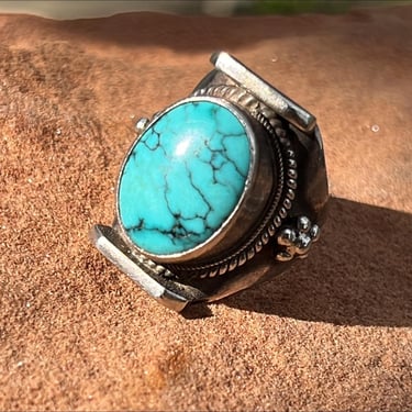 Native American Turquoise and Sterling Silver Cowgirl Western Saddle Ring - Size 6 