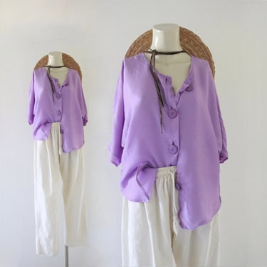 lilac button top - m - vintage 80s 90s  womens short sleeve shirt blouse 