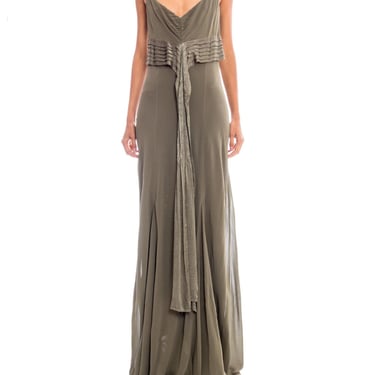1990S GHOST Olive Green Bias Cut Rayon Chiffon Gown 