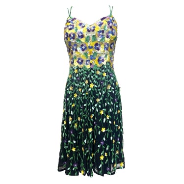 Naeem Khan for Riazee 1990's Vibrant Floral Beaded and Sequined Chiffon Dress