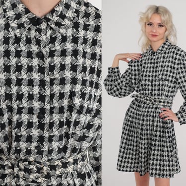 Houndstooth Dress 80s Black White Mini Dress Button Up Shirtwaist High Waist Belt Secretary Long sleeve Preppy Vintage 1980s Checkered XL 16 