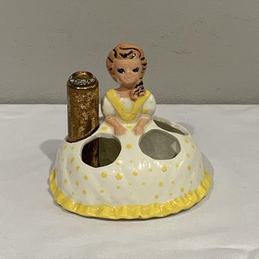 Vintage Hand Painted Ceramic Lipstick Holder, Girl White Dress Yellow Polka Dots, lipstick organizer, retro home decor, unique gifts for her 