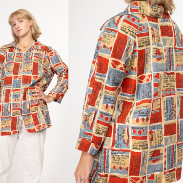 XL 70s Quote Novelty Print Painter's Smock | Vintage Lightweight Jacket Overshirt 