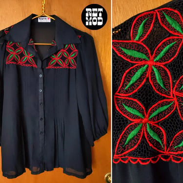 Gorgeous Vintage 70s Semi-Sheer Black Hippie Blouse with Red & Green Floral Embroidery 