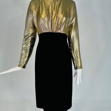 Geoffrey Beene Gold Lame &amp; Black Wool Jersey Raglan Sleeve High Waist Dress 1970s