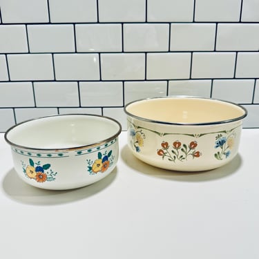 Set of Two Vintage Pfaltzgraff Juniper Enamelware Nesting Mixing Bowls, Metal Mixing Bowls, Retro Kitchen 