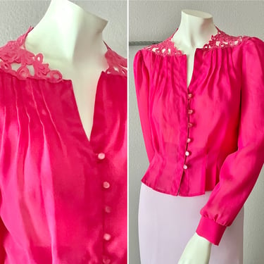 Hot Pink Blouse, Vintage Top, Cut Out Lace, 70s 80s, Secretary Blouse, Tapered Fit, Button Down 