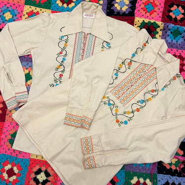 RARE vintage 1970’s Mexican folk embroidered floral shirts 