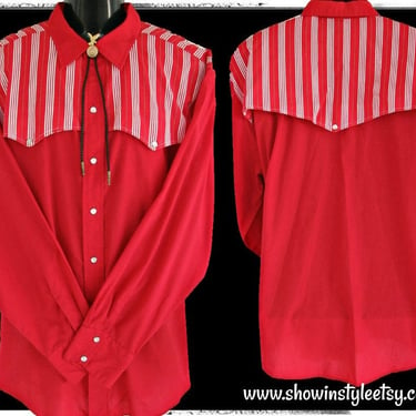 H Bar C, California Ranchwear Vintage Western Men's Cowboy Shirt, Bright Red with Striped Cape, Approx. Large (see meas. photo) 