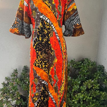 Vintage 70s kaftan long dress Hawaiian multicolor print tie back Sz XL/L by Two potato 