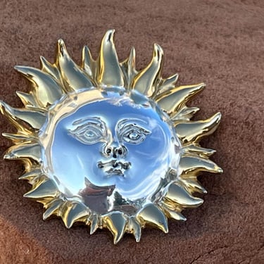 Sergio Bustamante ~ Vintage Mexico Sterling Silver Celestial Sun With Golden Rays Pin / Brooch 