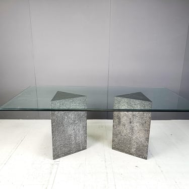 Vintage brutalist stone and glass dining table, 1970s - architectural dining table - brutalist design dining table - black marble table 