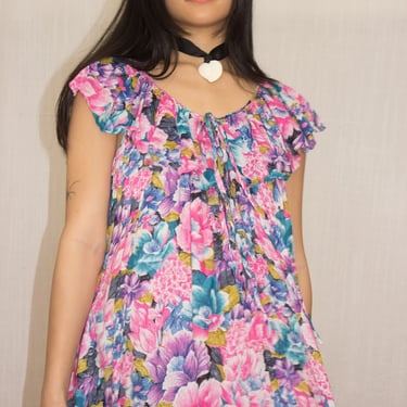 1980s Indian Cotton Gauze Floral Dress 