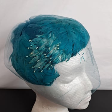 Vintage Teal Blue Feather & Veil Women's Hat 